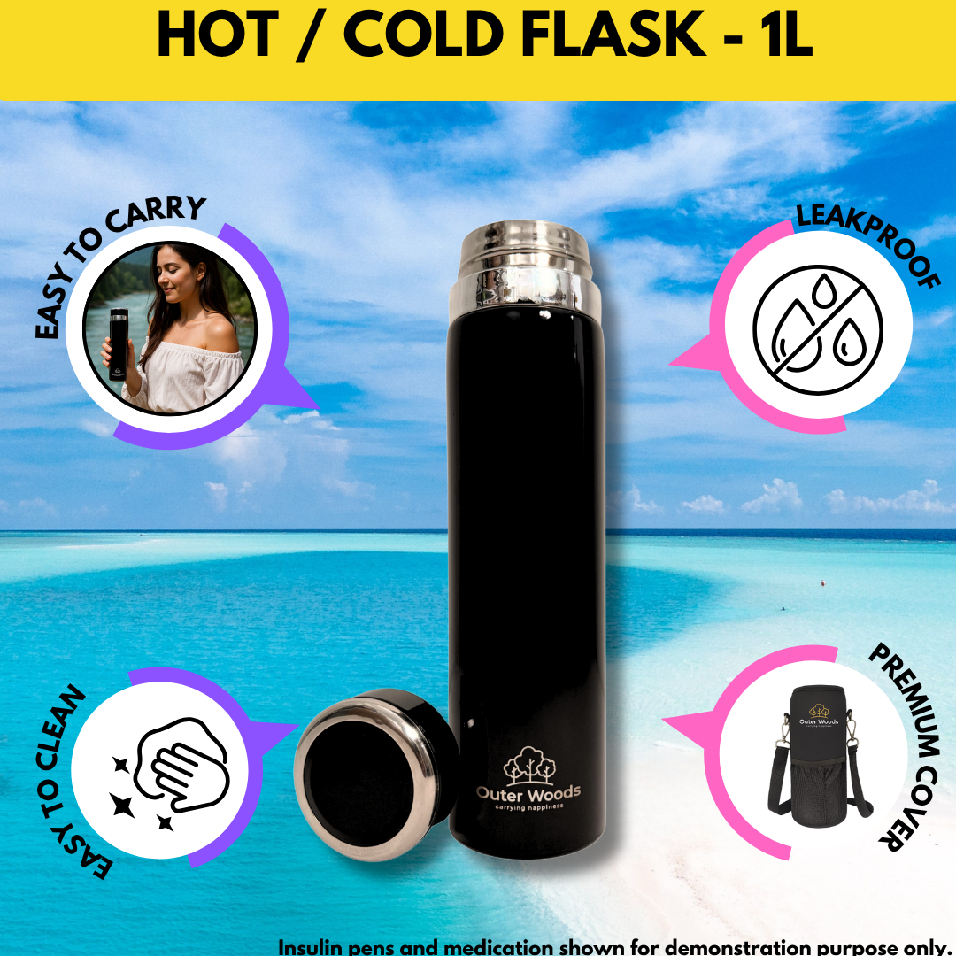 Outer Woods Premium Insulated Thermos Flask placed in backpack / travel bag to show portability