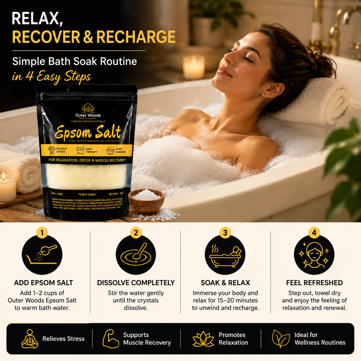 Outer Woods Epsom Salt 1kg (99% Pure Magnesium Sulphate) for Bath Soak, Foot Soak, Muscle Recovery, Relaxation, Stress Relief & Home Gardening | Premium Bath Salt for Men & Women