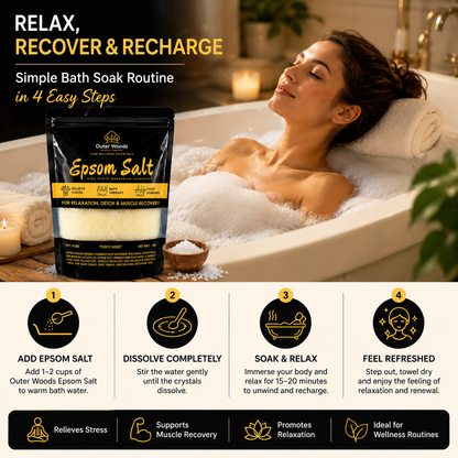 Outer Woods Epsom Salt 1kg (99% Pure Magnesium Sulphate) for Bath Soak, Foot Soak, Muscle Recovery, Relaxation, Stress Relief & Home Gardening | Premium Bath Salt for Men & Women