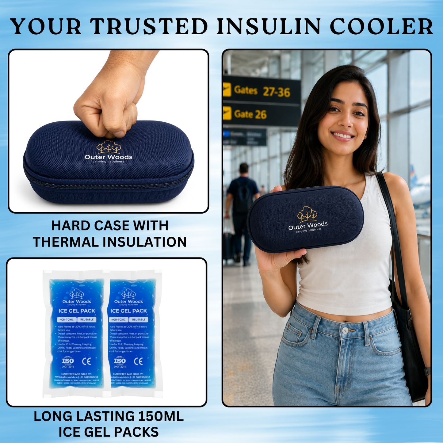 Outer Woods Insulin Cooler Bag Pro | 8+ Hours Cooling | Hard Case for Insulin Storage | 2 x 150ml Ice Gel Packs Included (Copy)