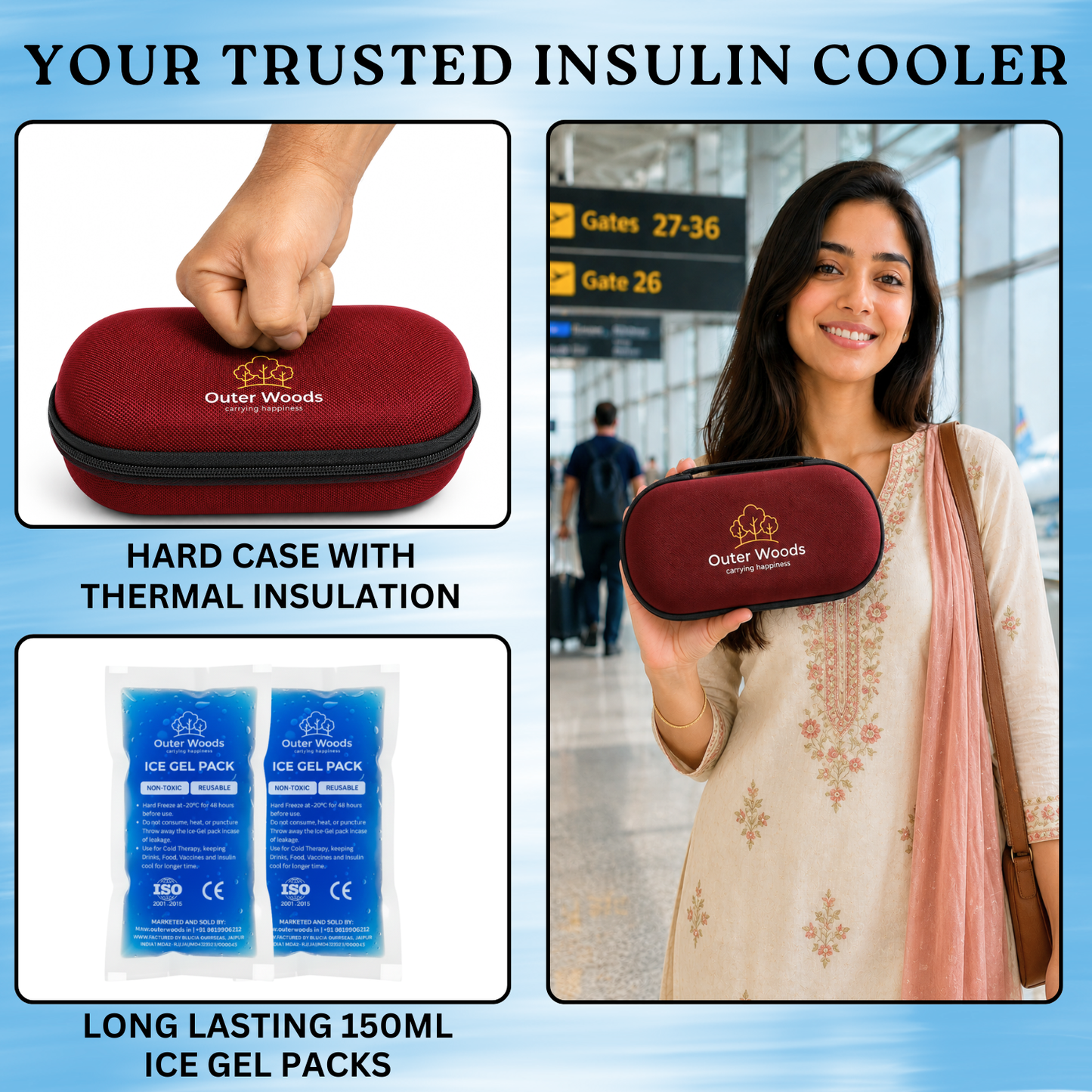 Outer Woods Insulin Cooler Bag Pro | 8+ Hours Cooling | Hard Case for Insulin Storage | 2 x 150ml Ice Gel Packs Included (Copy) (Copy)