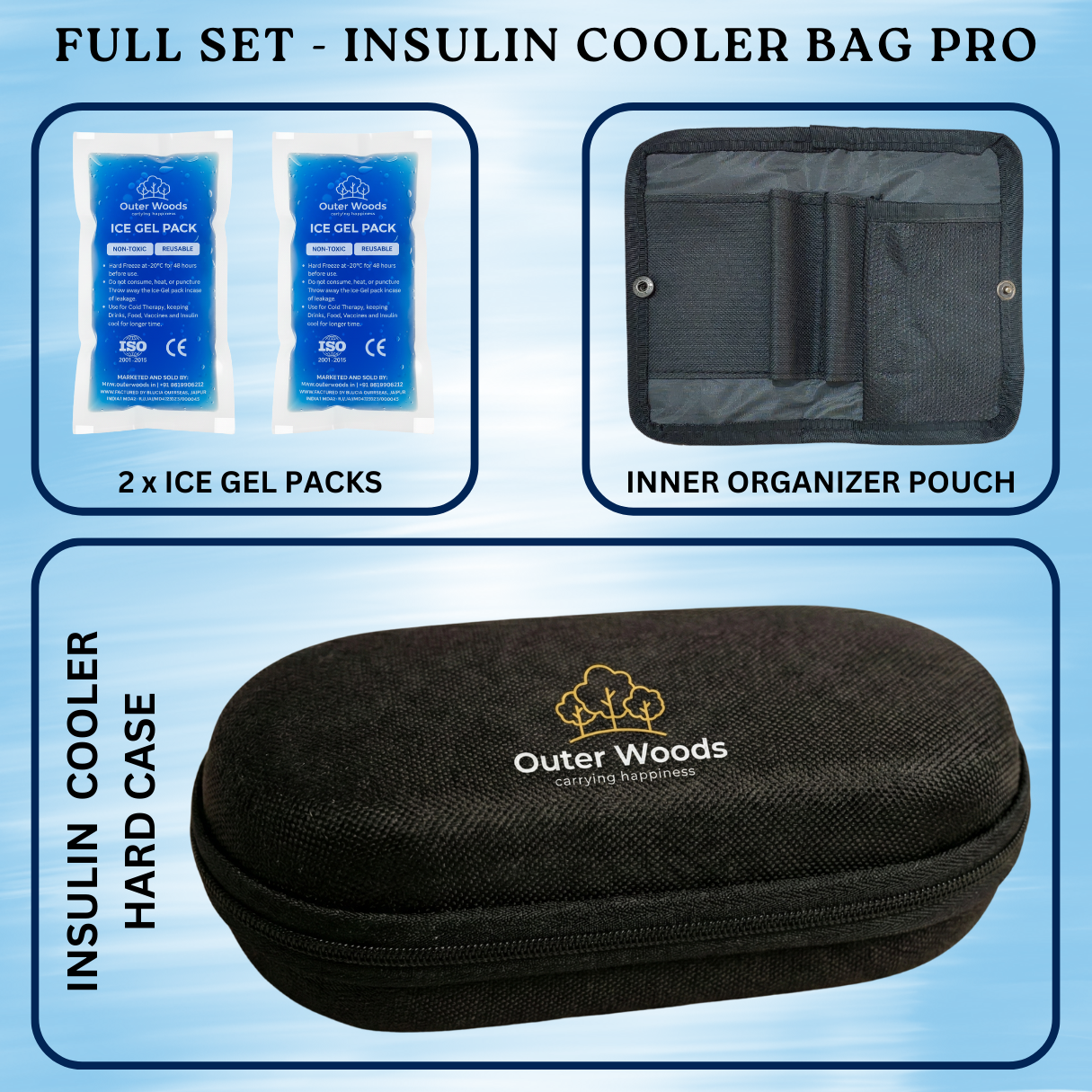 Outer Woods Insulin Cooler Bag Pro | 10+ Hours Cooling | Hard Case for Insulin Storage | 2 x 150ml Ice Gel Packs Included