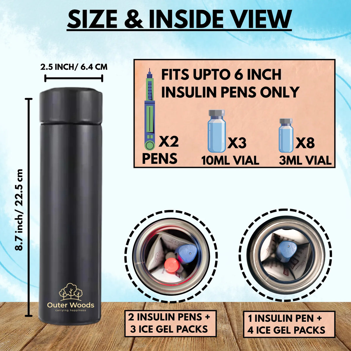 Outer Woods Insulin Cooler Bottle with Cover | 20+ Hours Cooling | Small Size 450ml Bottle | 6 x 35ml Ice Gel Packs Included