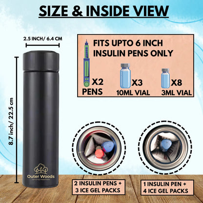 Outer Woods Insulin Cooler Bottle with Cover | 20+ Hours Cooling | Small Size 450ml Bottle | 6 x 35ml Ice Gel Packs Included