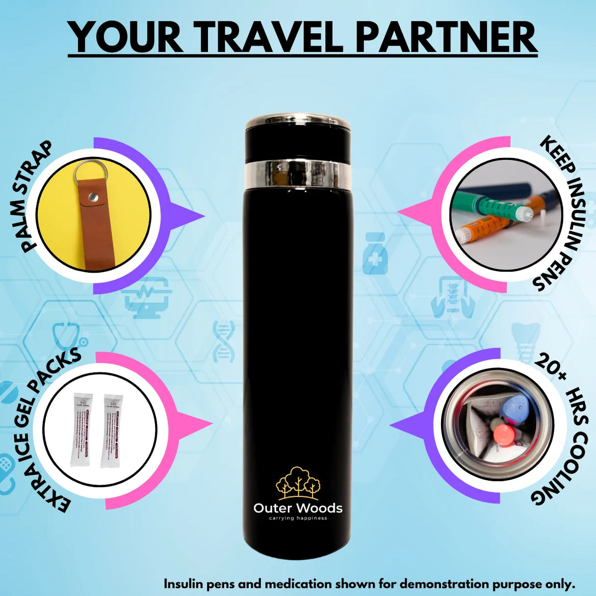 Outer Woods Insulin Coller Bottle | 20+ Hours Cooling | Large Size 1000ml Bottle | 10 x 35ml Ice Gel Packs Included