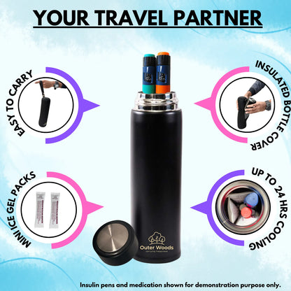 Outer Woods Insulin Cooler Bottle with Cover | 20+ Hours Cooling | Small Size 450ml Bottle | 6 x 35ml Ice Gel Packs Included