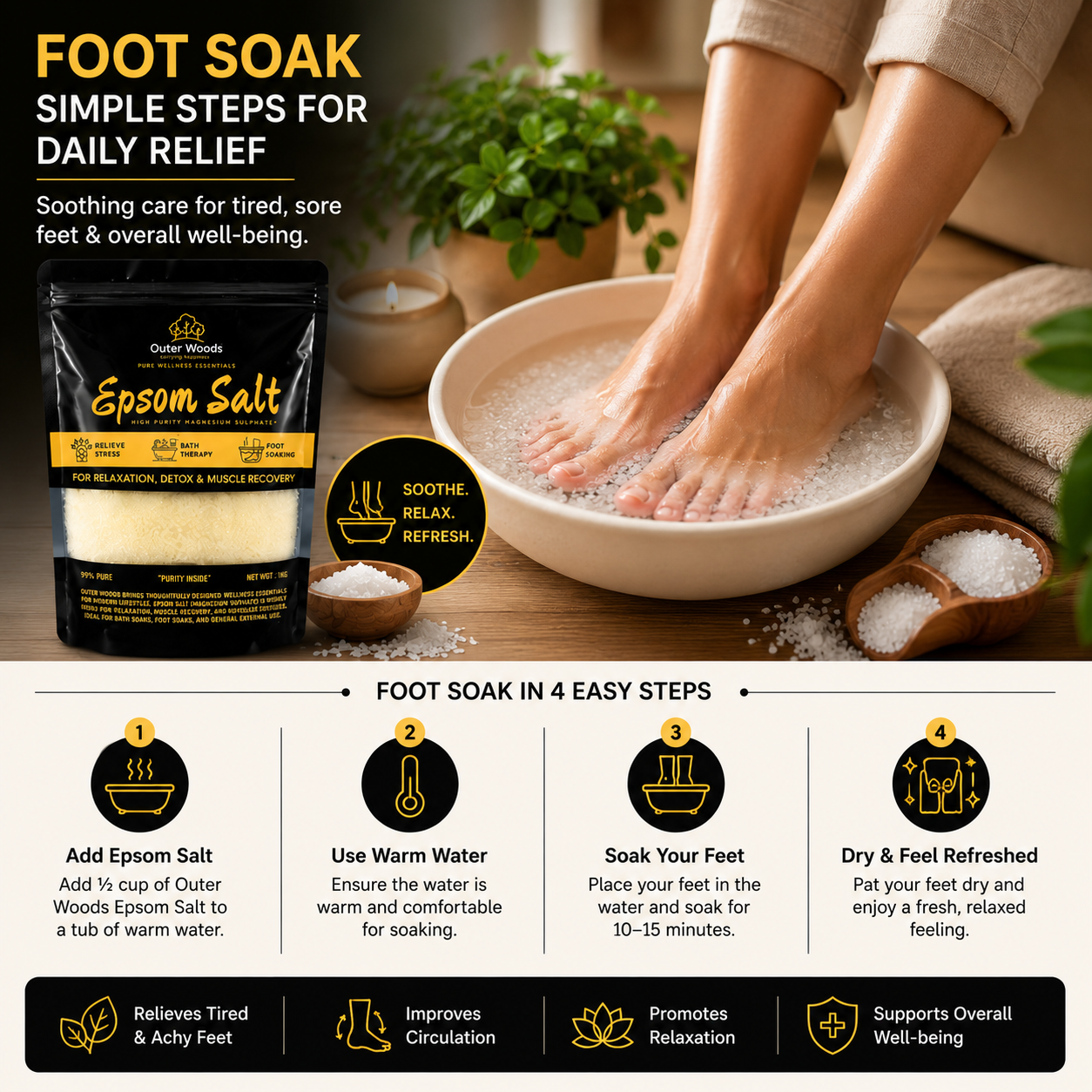 Outer Woods Epsom Salt 1kg (99% Pure Magnesium Sulphate) for Bath Soak, Foot Soak, Muscle Recovery, Relaxation, Stress Relief & Home Gardening | Premium Bath Salt for Men & Women