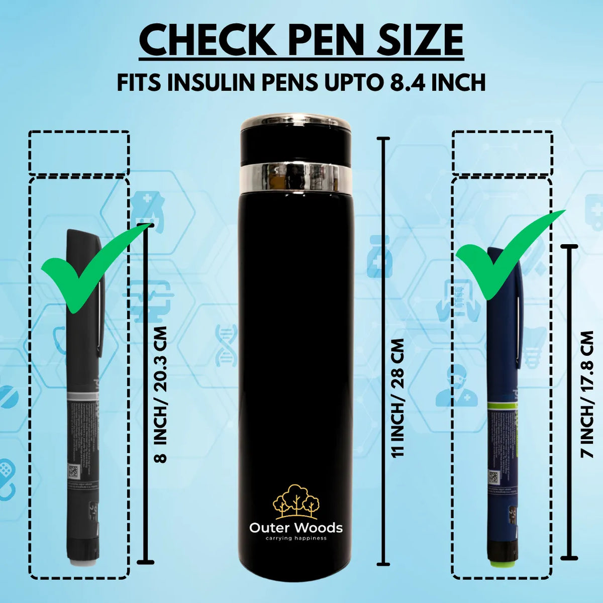 Outer Woods Insulin Coller Bottle | 20+ Hours Cooling | Large Size 1000ml Bottle | 10 x 35ml Ice Gel Packs Included