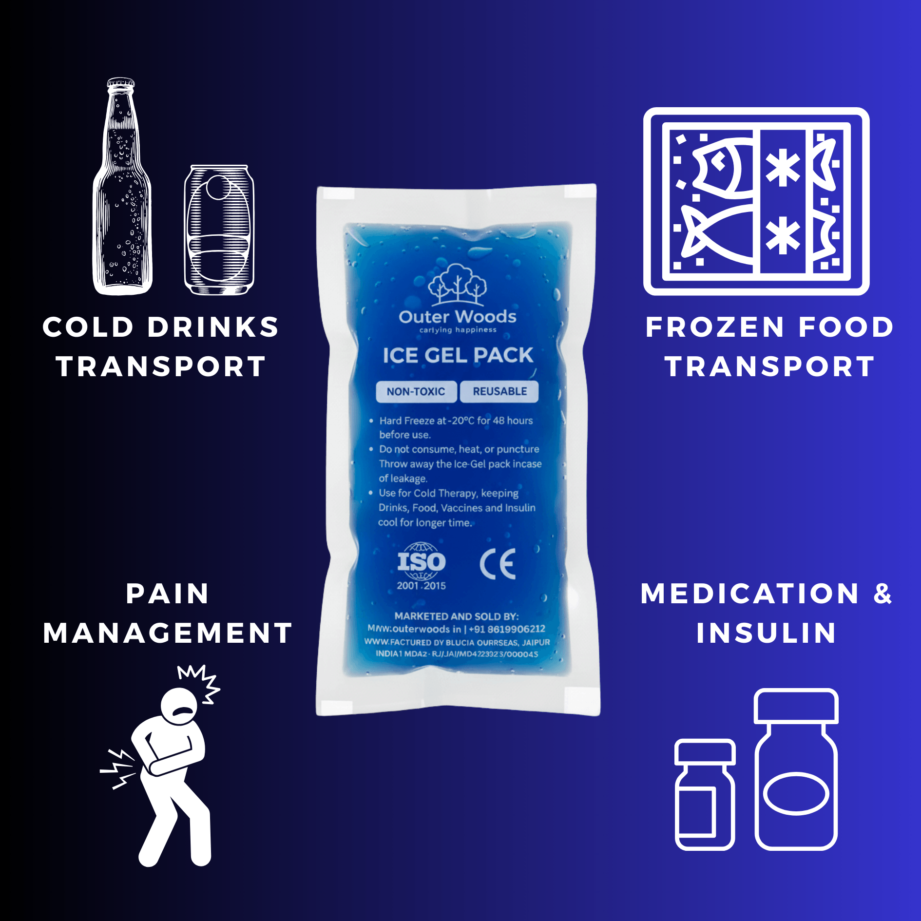 Outer Woods Ice Gel Packs 150ml | Set of 4 | Non-Toxic Leak-Proof Cold Gel Pads for Picnic, Travel, Vaccine, Insulin, Food & Drinks