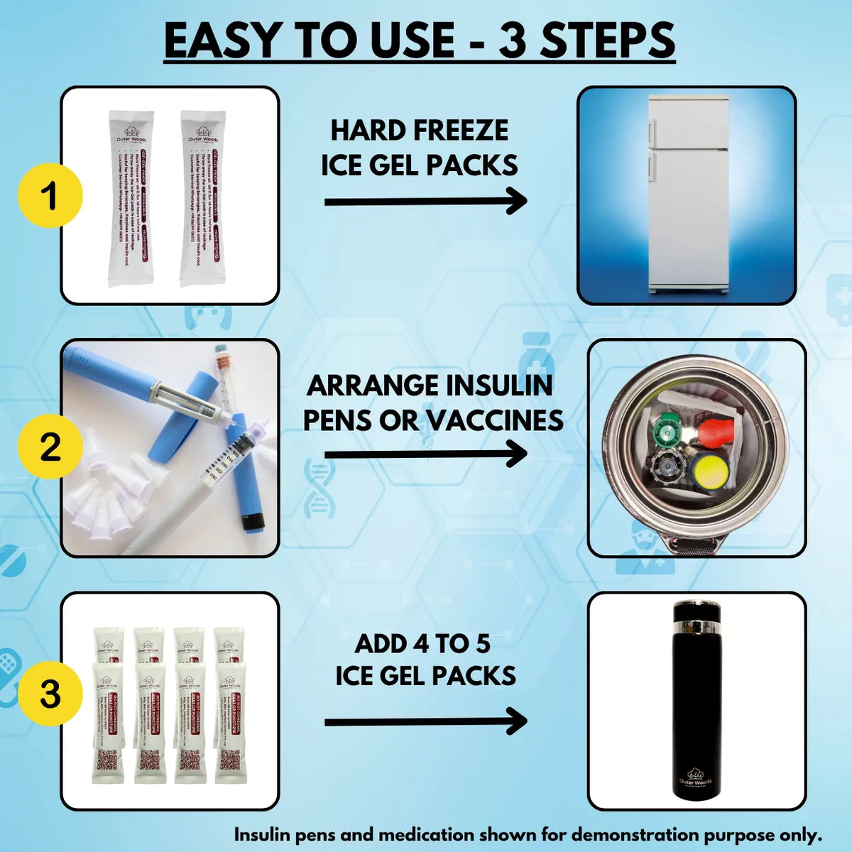 Outer Woods Insulin Coller Bottle | 20+ Hours Cooling | Large Size 1000ml Bottle | 10 x 35ml Ice Gel Packs Included