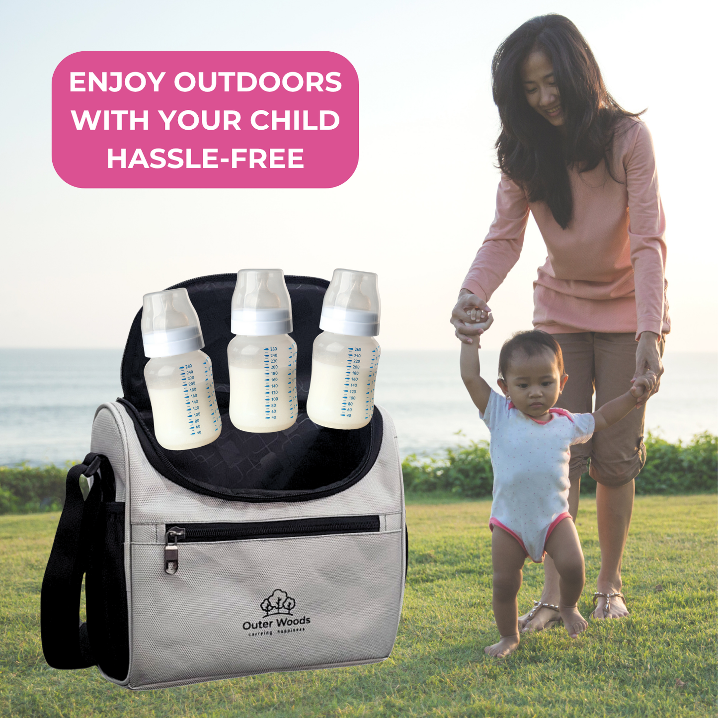 Outer Woods Insulated Breast Milk Cooler Bag | 6+ Hours Cooling | Fits 6 x 500ml Baby Bottles | 4 x 100ml Ice Gel Packs Included