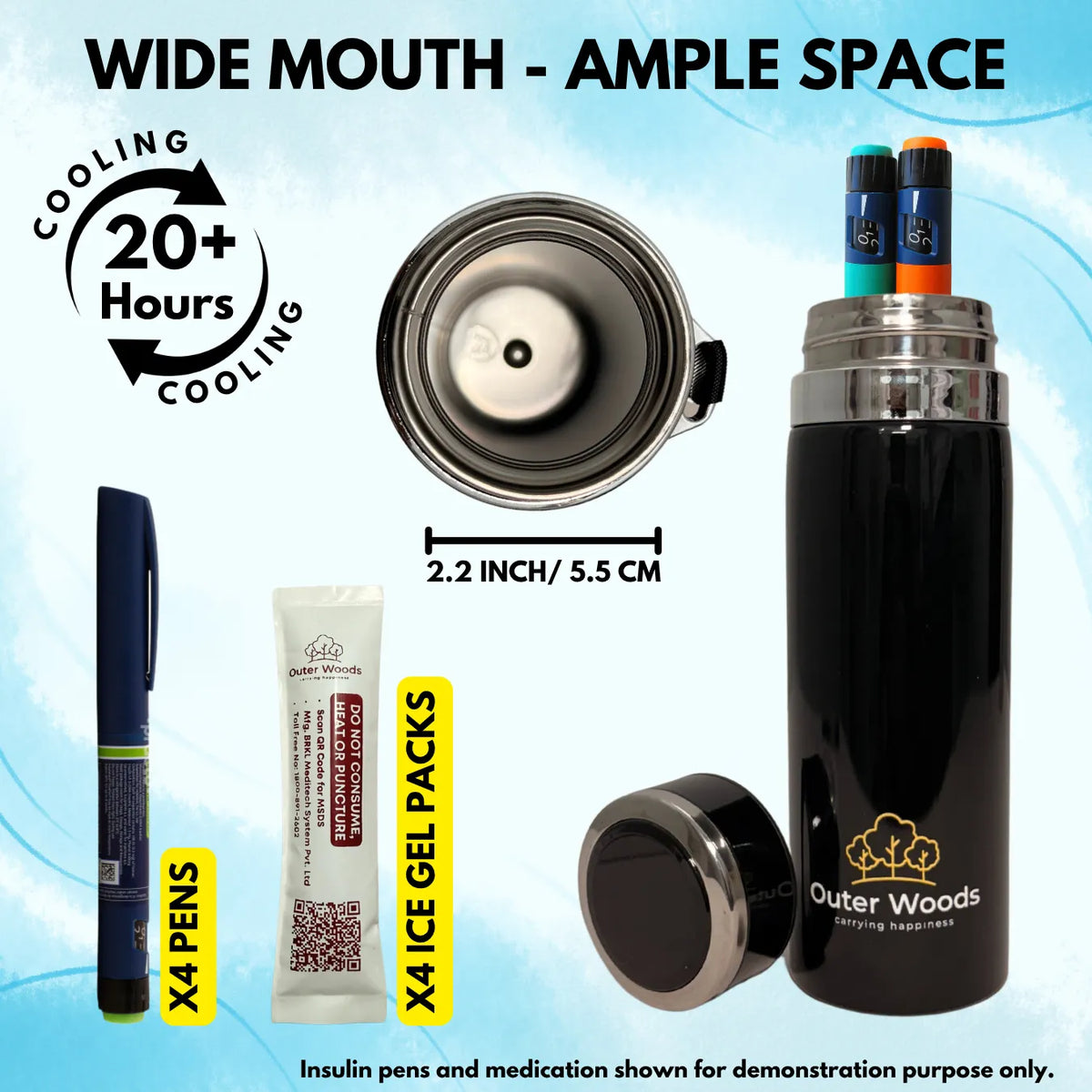 Outer Woods Insulin Cooler Bottle | 20+ Hours Cooling | Medium Size 800ml Bottle | 8 x 35ml Ice Gel Packs Included