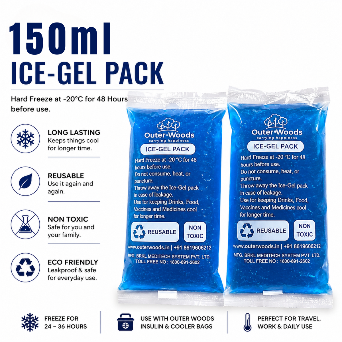 Outer Woods Ice Gel Packs 150ml Set | Non-Toxic Leak-Proof Cold Gel Pads for Picnic, Travel, Vaccine, Insulin, Food & Drinks