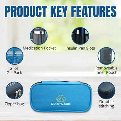 Outer Woods Insulated Insulin Cooler Bag | 6+ Hours Cooling | Compact Size | 2 x 100ml Ice Gel Packs Included