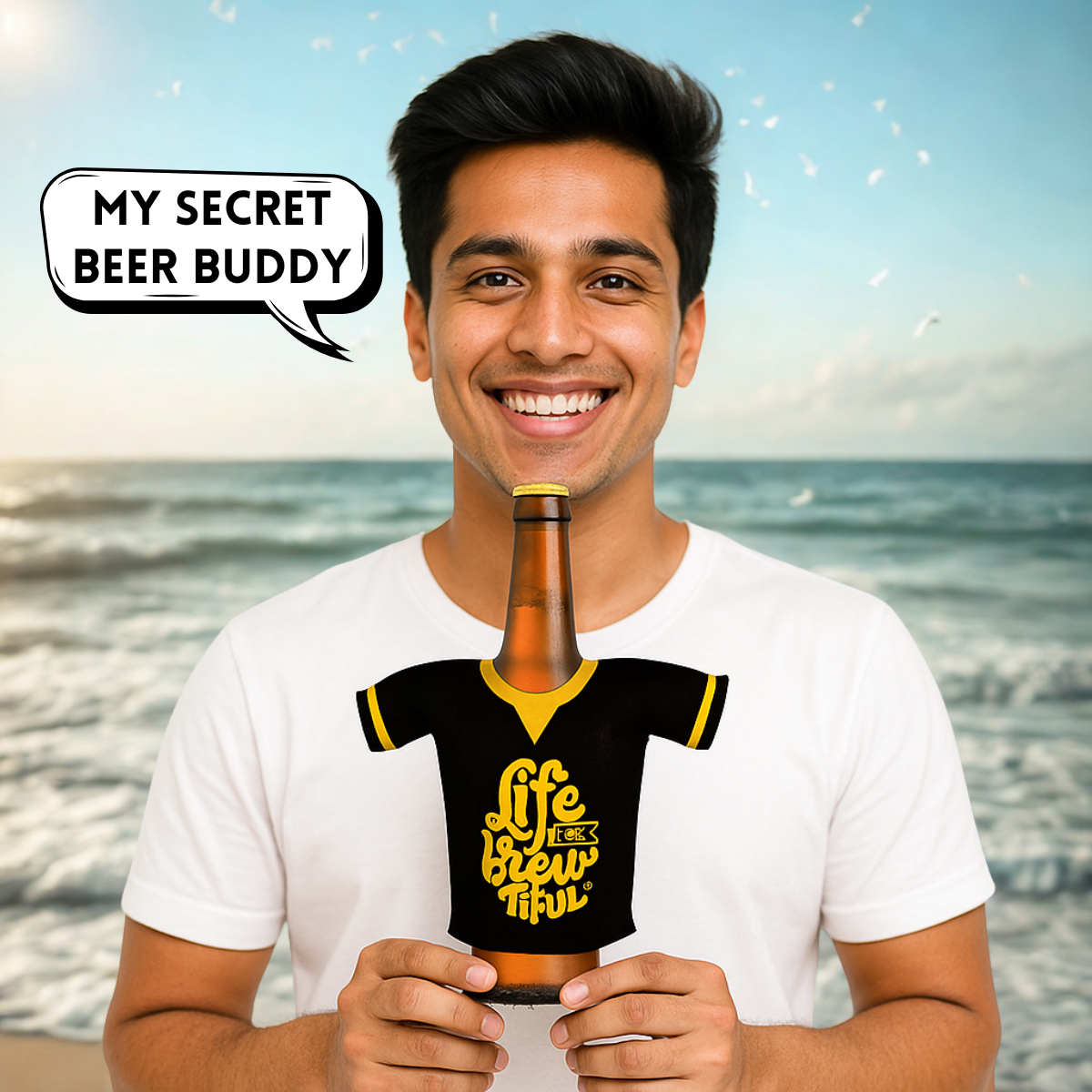 Outer Woods beer bottle coozie on beer bottle in hand, outdoor setting