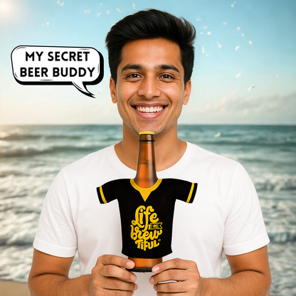 Outer Woods beer bottle coozie on beer bottle in hand, outdoor setting