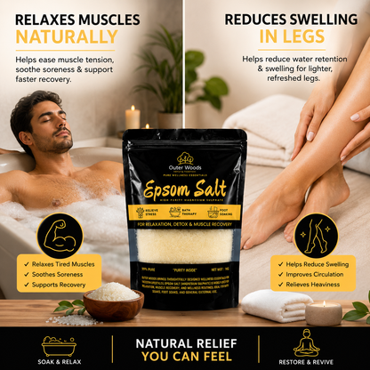 Outer Woods Epsom Salt 1kg (99% Pure Magnesium Sulphate) for Bath Soak, Foot Soak, Muscle Recovery, Relaxation, Stress Relief & Home Gardening | Premium Bath Salt for Men & Women