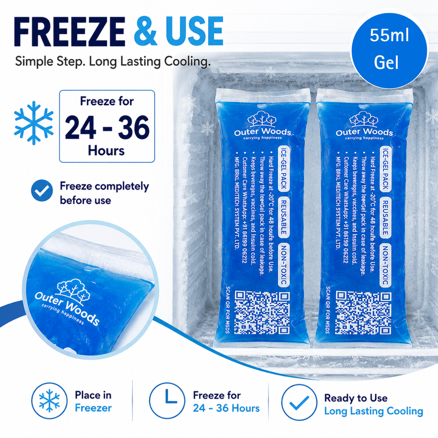 Outer Woods Mini Ice Gel Packs 55ml | Non- Toxic | Ice Gel Packs for Insulin Bottles, Vaccines, Food & Drinks