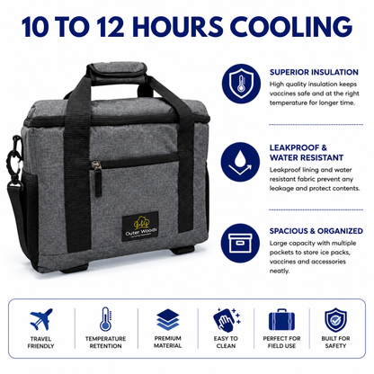 Outer Woods Insulated Vaccine Carrier Bag | 12+ Hours Cooling | 18L Vaccine Cooler Bag | 6 x 250ml Ice Gel Packs Included