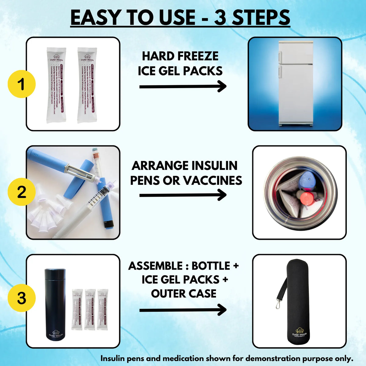 Outer Woods Insulin Cooler Bottle with Cover | 20+ Hours Cooling | Small Size 450ml Bottle | 6 x 35ml Ice Gel Packs Included