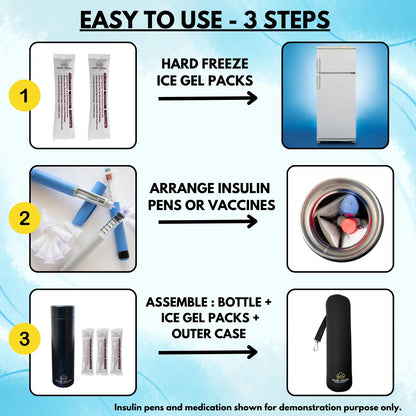 Outer Woods Insulin Cooler Bottle with Cover | 20+ Hours Cooling | Small Size 450ml Bottle | 6 x 35ml Ice Gel Packs Included