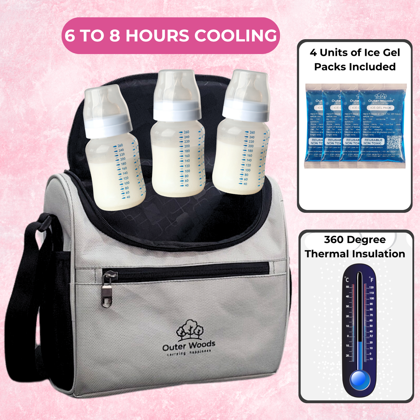 Outer Woods Insulated Breast Milk Cooler Bag | 6+ Hours Cooling | Fits 6 x 500ml Baby Bottles | 4 x 100ml Ice Gel Packs Included