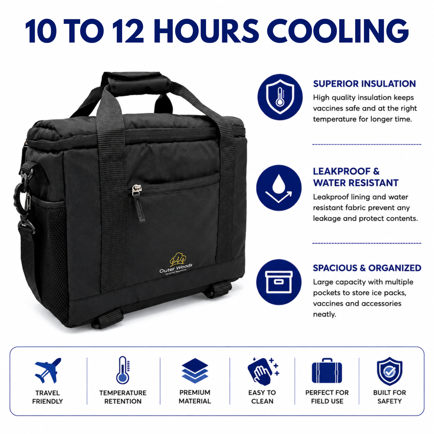 Outer Woods Insulated Vaccine Carrier Bag | 12+ Hours Cooling | 18L Vaccine Cooler Bag | 6 x 250ml Ice Gel Packs Included