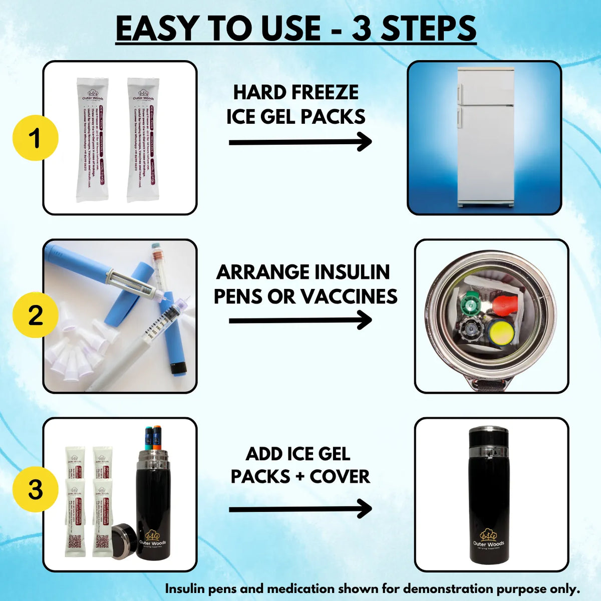 Outer Woods Insulin Cooler Bottle | 20+ Hours Cooling | Medium Size 800ml Bottle | 8 x 35ml Ice Gel Packs Included