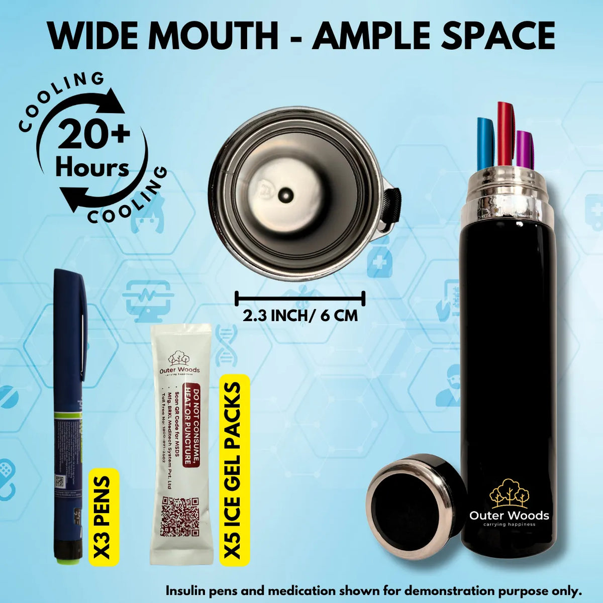Outer Woods Insulin Coller Bottle | 20+ Hours Cooling | Large Size 1000ml Bottle | 10 x 35ml Ice Gel Packs Included