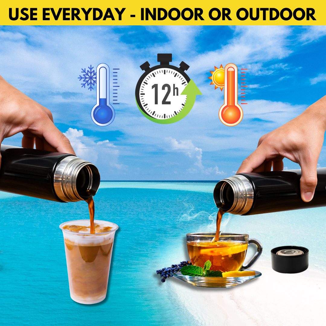 Outer Woods Premium Insulated Thermos Flask inside backpack showing portability