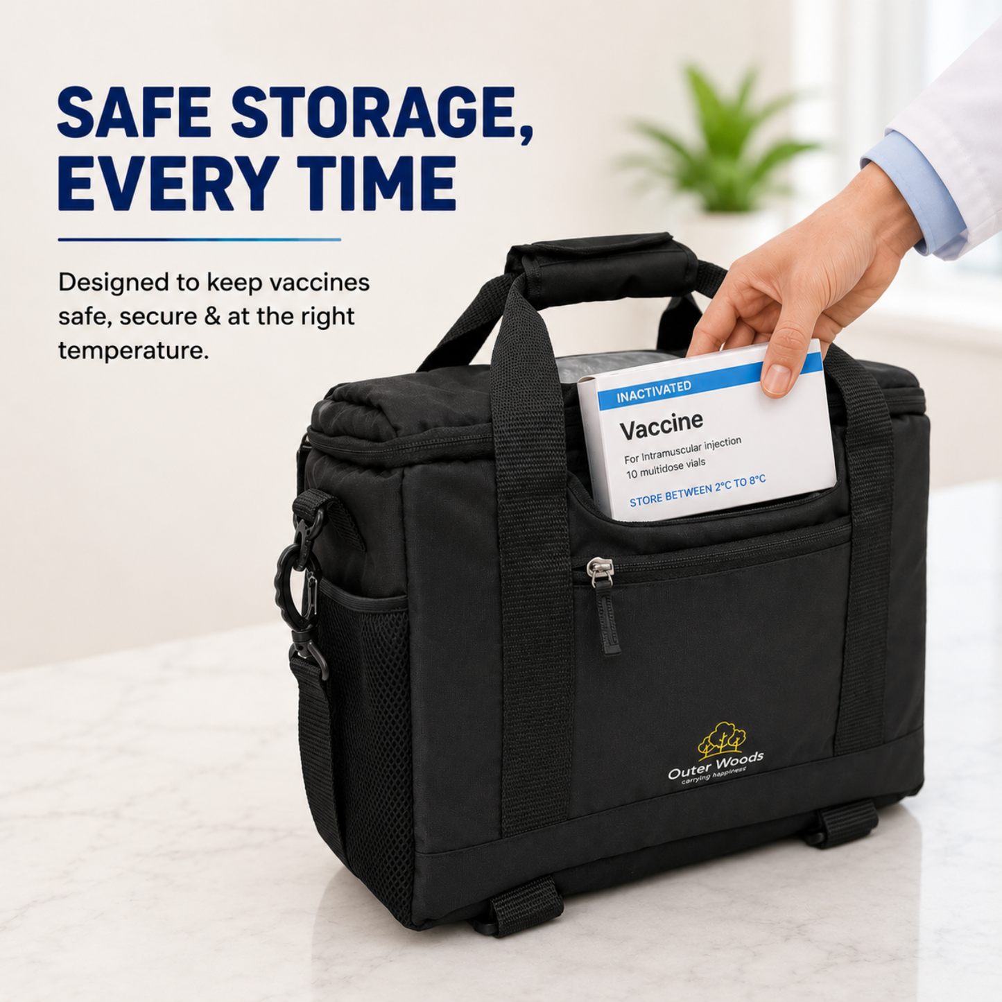 Outer Woods Insulated Vaccine Carrier Bag | 12+ Hours Cooling | 18L Vaccine Cooler Bag | 6 x 250ml Ice Gel Packs Included