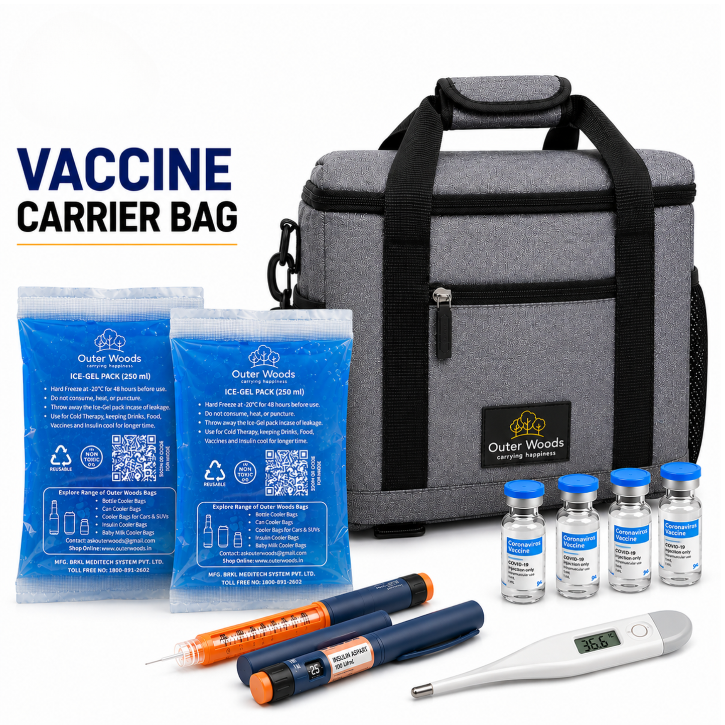 Outer Woods Insulated Vaccine Carrier Bag | 12+ Hours Cooling | 18L Vaccine Cooler Bag | 6 x 250ml Ice Gel Packs Included