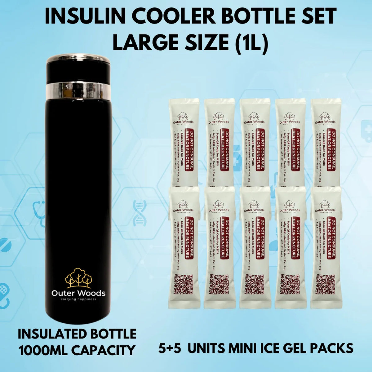 Outer Woods Insulin Coller Bottle | 20+ Hours Cooling | Large Size 1000ml Bottle | 10 x 35ml Ice Gel Packs Included