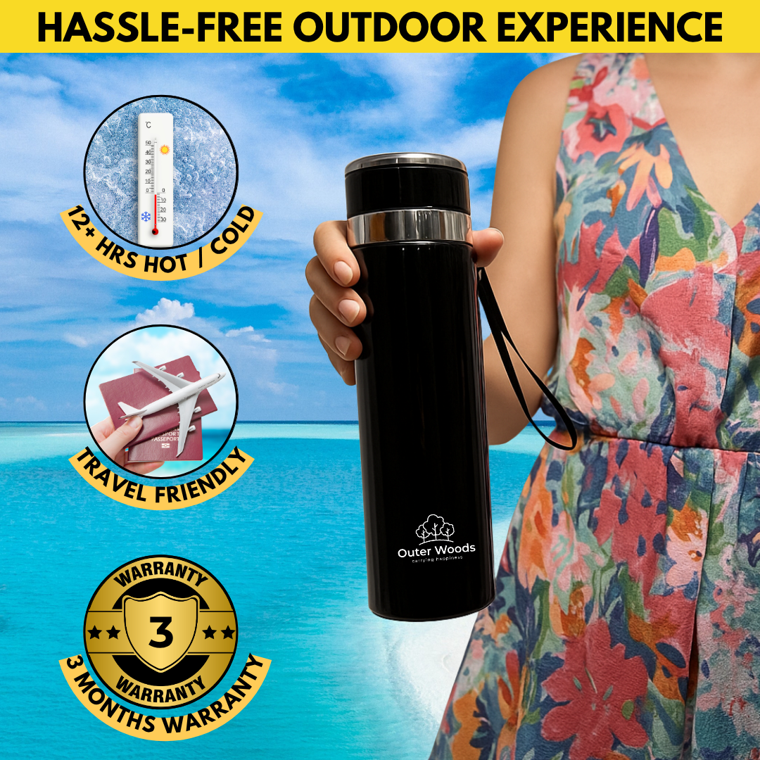 Hot and cold drink insulation demonstration of Outer Woods Premium Insulated Thermos Flask