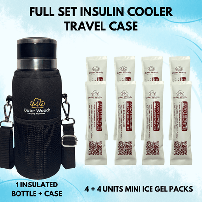 Outer Woods insulated insulin bottle cooler travel case with mini ice gel packs for safe insulin storage.
