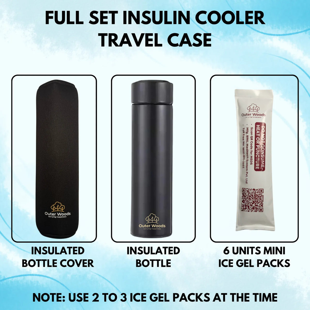 Outer Woods Insulin Cooler Bottle with Cover | 20+ Hours Cooling | Small Size 450ml Bottle | 6 x 35ml Ice Gel Packs Included