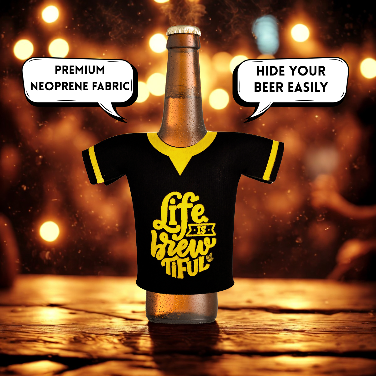 Outer Woods beer bottle coozie set in use at party – beer bottles with jersey-look sleeves