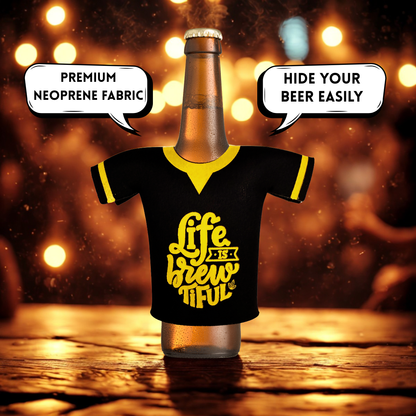 Outer Woods beer bottle coozie set in use at party – beer bottles with jersey-look sleeves