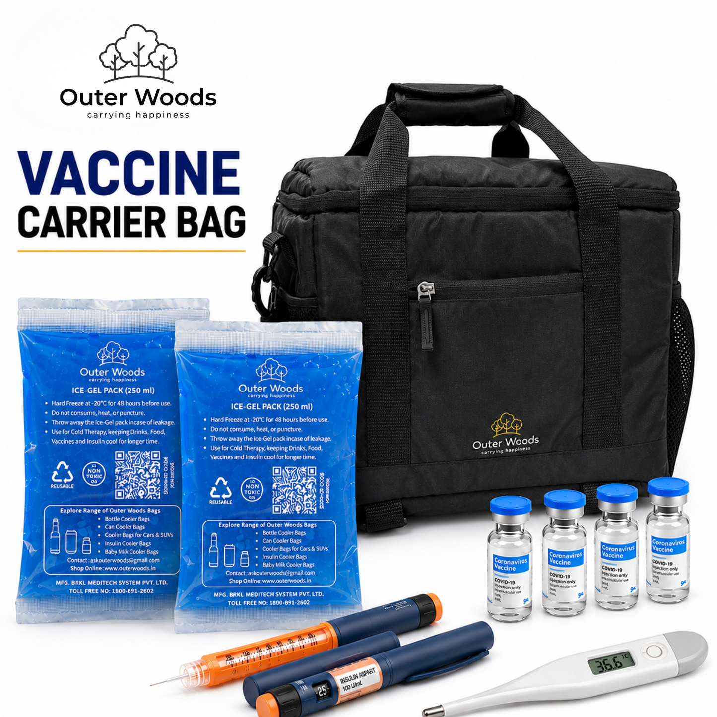 Outer Woods Insulated Vaccine Carrier Bag | 12+ Hours Cooling | 18L Vaccine Cooler Bag | 6 x 250ml Ice Gel Packs Included