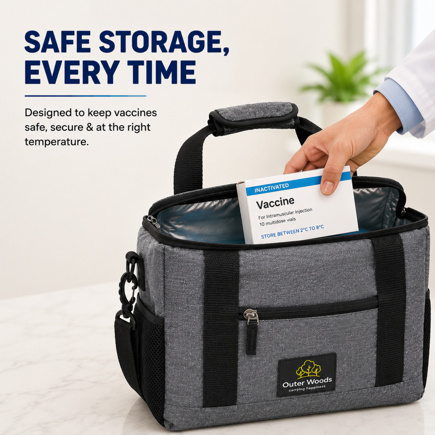Outer Woods Insulated Vaccine Carrier Bag | 12+ Hours Cooling | 18L Vaccine Cooler Bag | 6 x 250ml Ice Gel Packs Included