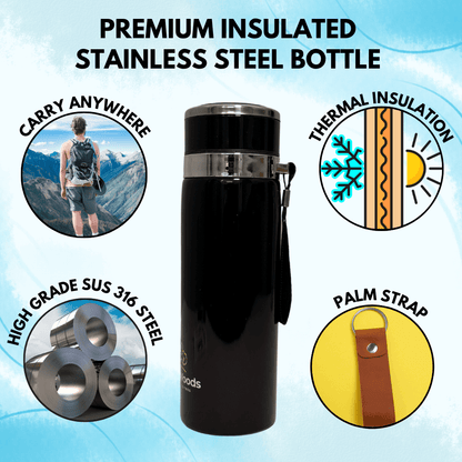 Premium insulated stainless steel bottle with thermal insulation, palm strap, and high-grade SUS 316 steel features.