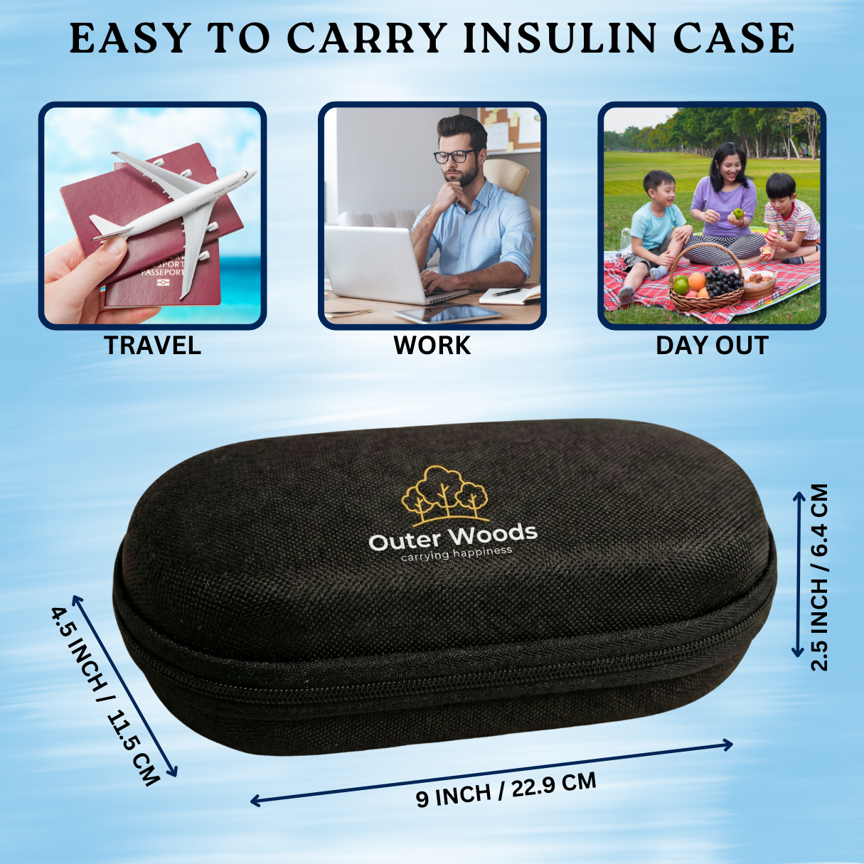 Outer Woods Insulin Cooler Bag Pro | 10+ Hours Cooling | Hard Case for Insulin Storage | 2 x 150ml Ice Gel Packs Included