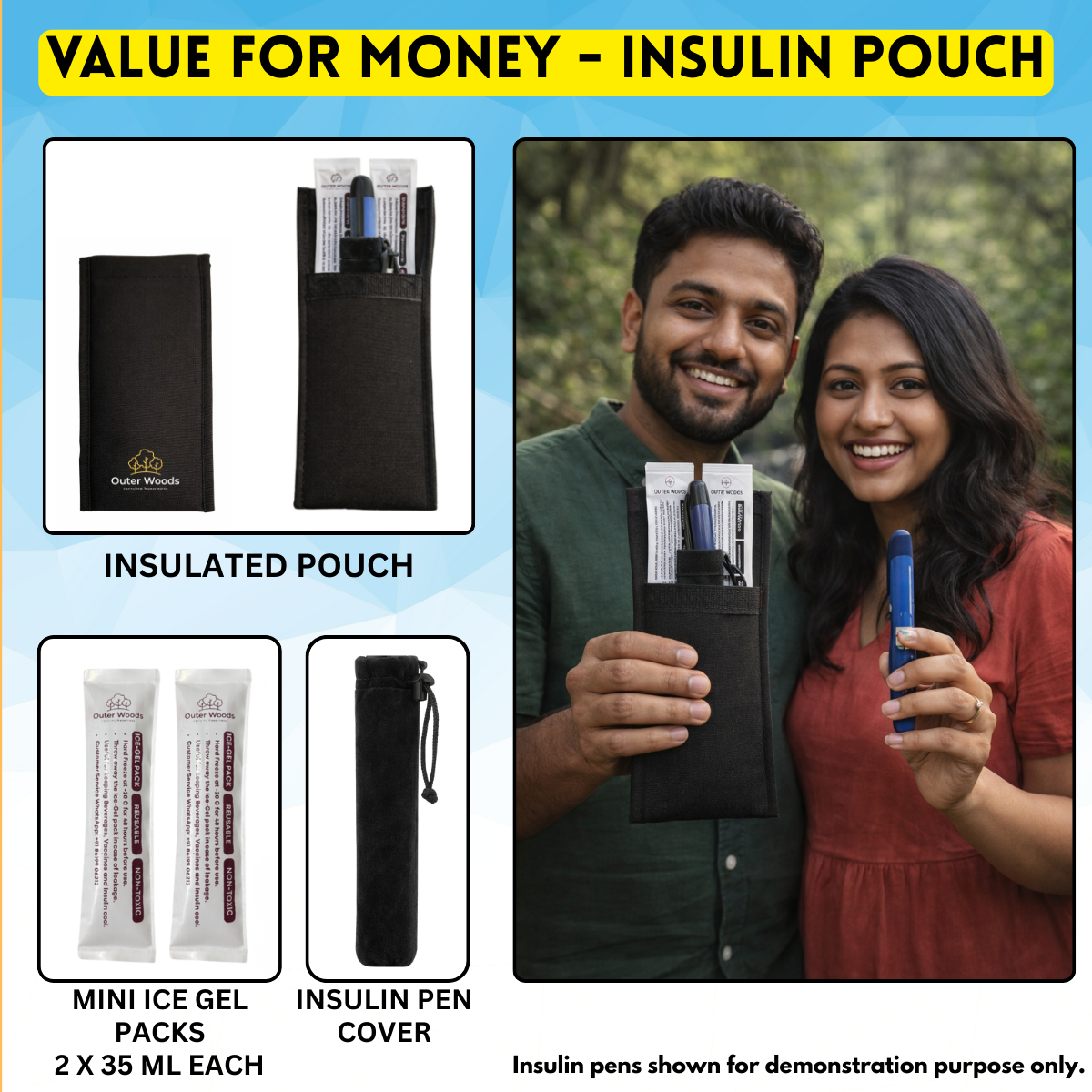 Outer Woods Insulin Cooler Pouch | 4+ Hours Cooling | Compact Size | 2 x 35ml Ice Gel Packs Included