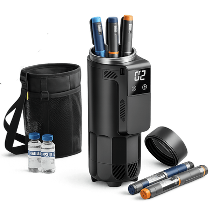 Insulin cooler travel case with digital display, USB charger, and insulin vials for temperature control and portability.