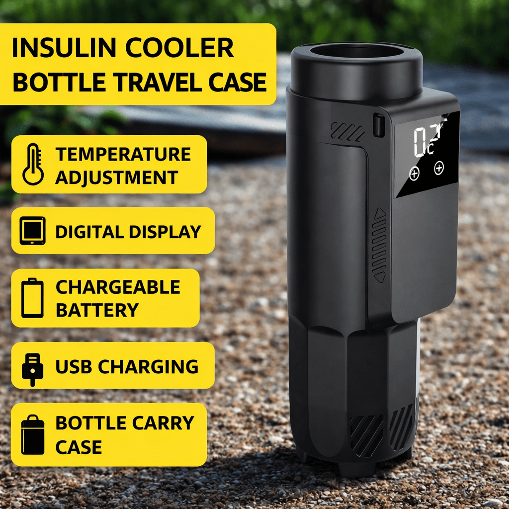 Insulin cooler travel case with digital display, USB charger, and insulin vials for temperature control and portability.