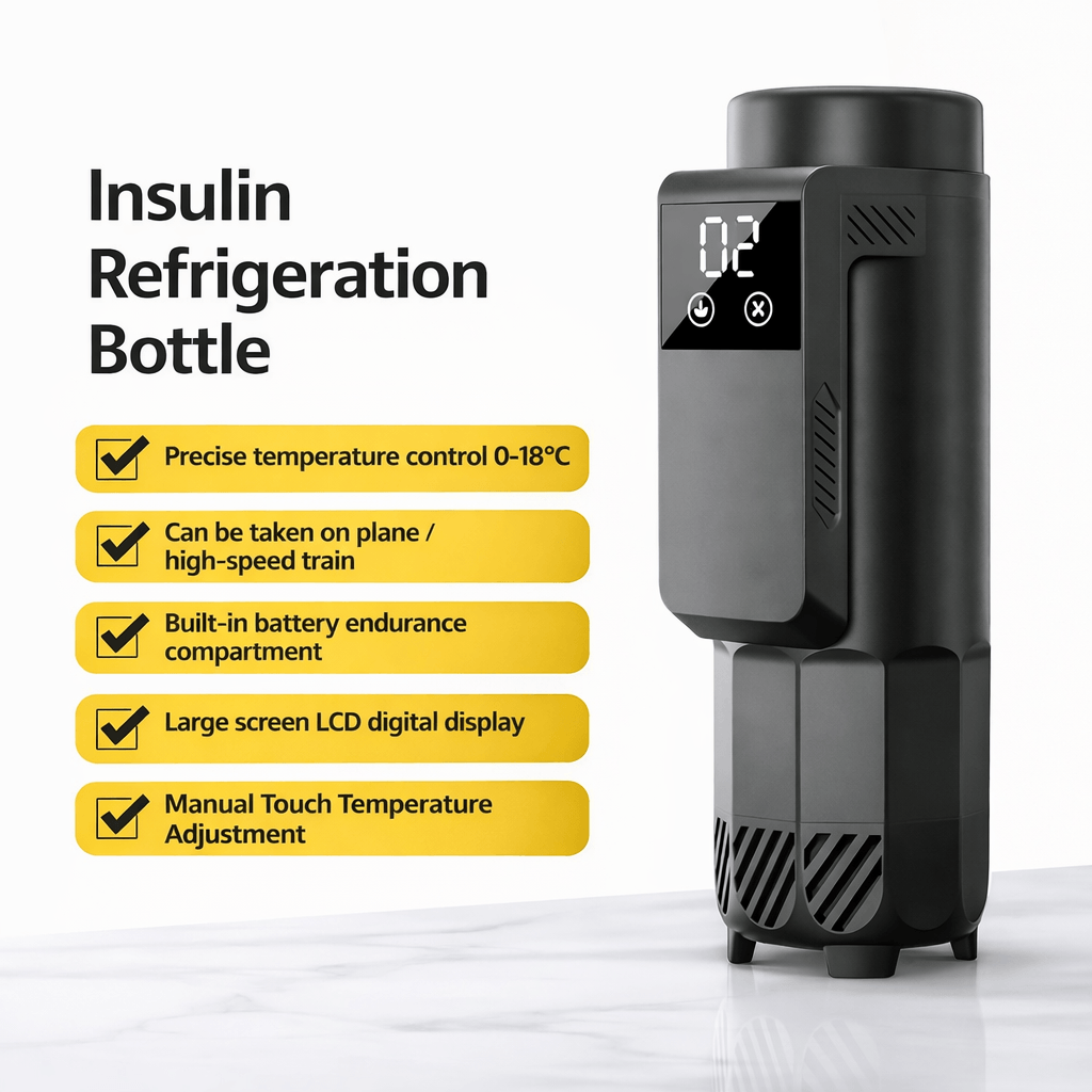 Insulin cooler travel case with digital display, USB charger, and insulin vials for temperature control and portability.