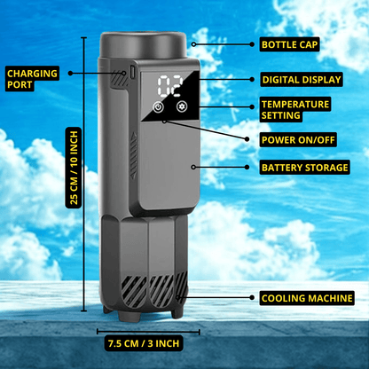 Insulin cooler travel case features a digital display, charging port, temperature setting, and bottle cap indicators.