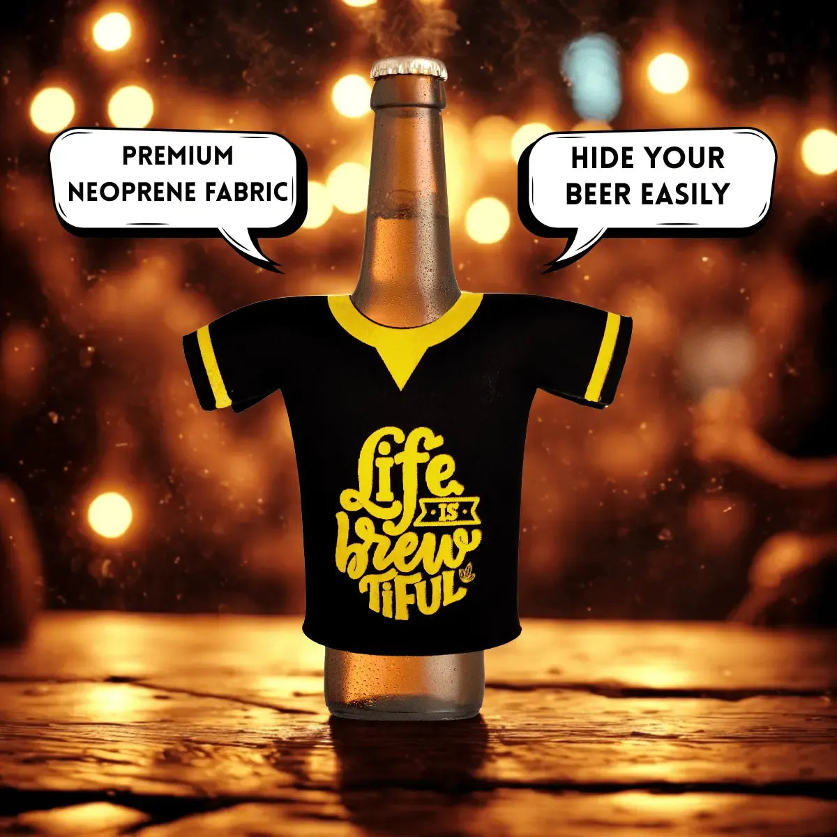 Outer Woods beer bottle coozie set in use at party – beer bottles with jersey-look sleeves