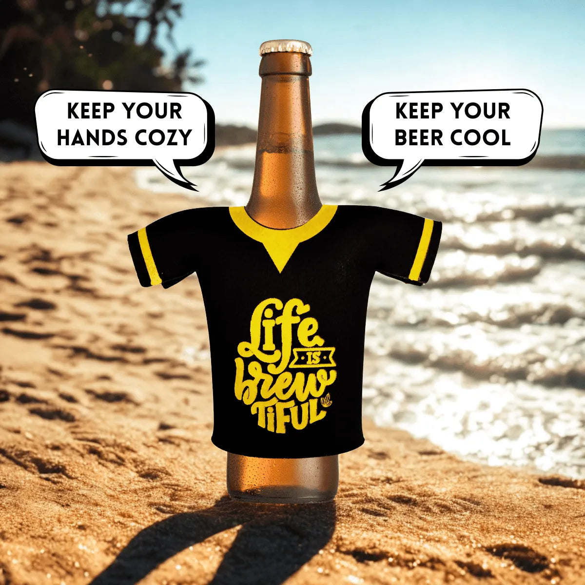 Outer Woods beer bottle coozie close-up showing “Life is Brewtiful” graphic & jersey number on back