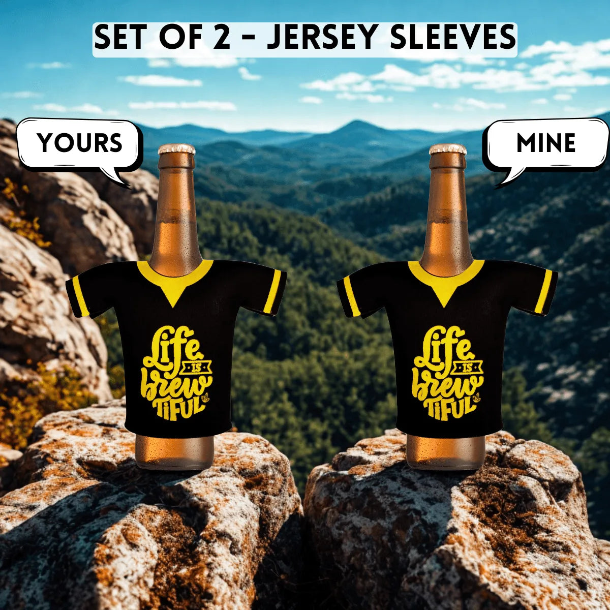 Outer Woods beer bottle coozie set of 2 – pair of sleeves empty, upright on plain background